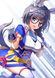 Rule 34 | 1girl, alternate costume, animal ears, belt, black hair, blue eyes, braid, breasts, commentary request, commission, crown braid, glasses, gloves, highres, horse ears, horse tail, large breasts, long hair, looking at viewer, open mouth, pixiv commission, simple background, solo, tail, thighhighs, umamusume, yuutopia, zenno rob roy (umamusume)