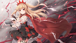 Rule 34 | 1girl, black choker, black gloves, black skirt, blonde hair, bow, cape, choker, collarbone, copyright request, floating hair, gloves, hammer, headdress, highres, holding, holding hammer, lightning, long hair, looking at viewer, magic, miniskirt, orange eyes, parted lips, puffy short sleeves, puffy sleeves, red bow, red cape, shirt, short sleeves, sidelocks, silveroid, skirt, smoke, solo, thigh strap, two side up, underbust, v-shaped eyebrows, white shirt