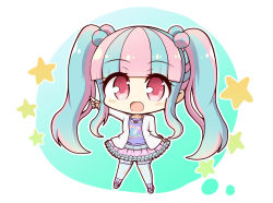 Rule 34 | 1girl, :d, bang dream!, blue hair, blue pantyhose, blunt bangs, blush stickers, chibi, circle, clothes writing, commentary request, frilled skirt, frills, full body, green background, hair bobbles, hair ornament, highres, jacket, jewelry, long hair, looking at viewer, multicolored hair, necklace, nyubara reona, open clothes, open jacket, open mouth, pale color, pantyhose, pink hair, pink skirt, platform footwear, pointing, purple footwear, purple shirt, red eyes, shirt, sidelocks, skirt, skirt hold, smile, solo, star (symbol), star print, starry background, teen (teen629), twintails, two-tone hair, white background, white jacket, wristband
