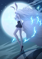 Rule 34 | 1girl, alternate form, animal ears, black skirt, rabbit ears, rabbit tail, carrot (one piece), derivative work, highres, long arms, long hair, moon, night, night sky, one piece, pale skin, silver hair, skirt, sky, solo, spoilers, standing, sulong form, tail, very long hair, zhang ding