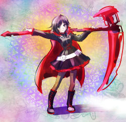 Rule 34 | 1girl, black hair, boots, cape, crescent rose, full body, iesupa, looking at viewer, pantyhose, red cape, ruby rose, rwby, scythe, short hair, smile, solo
