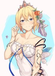 Rule 34 | 1girl, bare shoulders, blonde hair, blue eyes, breasts, cleavage, closed mouth, collarbone, covered navel, crown, dress, europa (granblue fantasy), flower, genno 19pkn, granblue fantasy, hair flower, hair ornament, hair ribbon, hand in own hair, highres, large breasts, looking at viewer, medium hair, ribbon, simple background, smile, solo, upper body, white dress