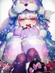 Rule 34 | 1girl, animal costume, animal feet, animal hands, blush, braid, breasts, fate/grand order, fate (series), gloves, hair ribbon, kama (dream portrait) (fate), kama (fate), large breasts, long hair, looking at viewer, murasaki yuna, open mouth, paw gloves, paw shoes, red eyes, ribbon, smile, snow, solo, tongue, twin braids, white hair
