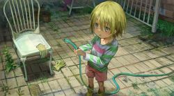 Rule 34 | 1boy, absurdres, blonde hair, blue eyes, boots, chair, child, gloves, grass, highres, holding, holding hose, hose, long sleeves, male focus, open mouth, original, outdoors, patio, pink shorts, plant, potted plant, railing, shirt, shorts, solo, standing, striped clothes, striped shirt, take no (xtc65 0), weeds, yellow footwear