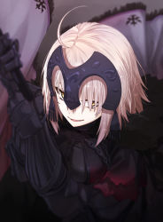 Rule 34 | 1girl, ahoge, armor, armored dress, arms up, blurry, breasts, chain, fate/grand order, fate (series), flag, forehead protector, gauntlets, hair between eyes, holding, holding flag, jeanne d&#039;arc (fate), jeanne d&#039;arc alter (avenger) (fate), jeanne d&#039;arc alter (fate), logo, looking at viewer, mountain, parted lips, red sky, short hair, silver hair, sky, smile, solo, upper body, warrior, yachimoto