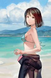 Rule 34 | 1girl, bare arms, bare shoulders, bikini, bikini top only, black hair, blue bikini, blue sky, breasts, closed mouth, day, diving suit, green eyes, highres, holding, horizon, looking at viewer, looking back, medium breasts, medium hair, mountainous horizon, ocean, original, scenery, seashell, shell, shore, sideboob, sky, smile, solo, standing, swimsuit, umishima senbon, undressing, water, waves