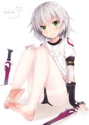 Rule 34 | 1girl, :3, artist name, bandaged arm, bandages, barefoot, black gloves, blush, cat, closed mouth, crossed bangs, dagger, dual wielding, facial scar, fate/apocrypha, fate (series), feet, fingerless gloves, gloves, green eyes, gym uniform, highres, holding, jack the ripper (fate/apocrypha), knees up, knife, leggings, looking at viewer, nahaki, name tag, no shoes, panties, panties under pantyhose, pantyhose, scar, scar across eye, scar on cheek, scar on face, short hair, short sleeves, signature, silver hair, simple background, sin-poi, sitting, smile, soles, solo, thighband pantyhose, thighs, toeless legwear, toes, underwear, weapon, white background, white leggings, white panties, | |