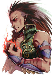 Rule 34 | 1boy, brahms, brown hair, clenched hand, long hair, looking at viewer, male focus, muscular, pointy ears, portrait, red eyes, shumizoku, solo, spiked hair, tan, valkyrie profile (series), vampire