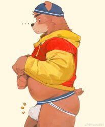Rule 34 | ..., 1boy, animal ears, bara, beanie, bear boy, bear ears, bear tail, belly, blush, brown fur, bulge, cowboy shot, fat, fat man, from side, furry, furry male, hat, highres, jockstrap, lifting own clothes, looking at bulge, male focus, male underwear, navel, no pants, original, profile, see-through, short hair, solo, stomach, tail, thick eyebrows, thick thighs, thighs, underwear, wet, wet clothes, wet male underwear, white male underwear, yuuko (yuuko891)