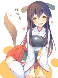 Rule 34 | 10s, 1girl, akagi (kancolle), animal ears, brown eyes, brown hair, commentary request, dog ears, dog tail, highres, japanese clothes, kantai collection, kemonomimi mode, long hair, muneate, nan (jyomyon), nontraditional miko, smile, solo, tail, thighhighs