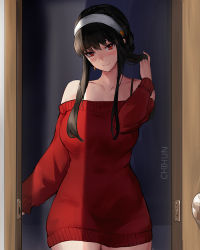 Rule 34 | 1girl, black hair, breasts, chihunhentai, hairband, large breasts, long hair, looking at viewer, red eyes, sidelocks, smile, solo, spy x family, thighs, yor briar