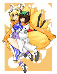 Rule 34 | 2girls, :d, ^ ^, animal ears, blonde hair, blush, brown hair, cat ears, cat girl, cat tail, chen, closed eyes, earrings, closed eyes, fang, female focus, fox tail, hat, hug, jewelry, kuroneko (kuroi-neko), multiple girls, multiple tails, open mouth, scarf, shared clothes, shared scarf, short hair, smile, tail, touhou, yakumo ran, yellow eyes