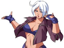 Rule 34 | 1girl, angel (kof), bra, breasts, cleavage, fingerless gloves, gloves, grey hair, hair over one eye, half-closed eyes, highres, jacket, large breasts, looking at viewer, midriff, navel, one eye closed, open clothes, open jacket, open mouth, short hair, snk, strapless, strapless bra, the king of fighters, thong, underwear