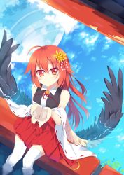Rule 34 | 1girl, ahoge, bad id, bad pixiv id, cupping hands, detached sleeves, feathered wings, from above, highres, in water, looking at viewer, looking up, nibiiro shizuka, original, own hands together, pleated skirt, red eyes, red hair, skirt, solo, thighhighs, traditional youkai, white thighhighs, wings, zettai ryouiki