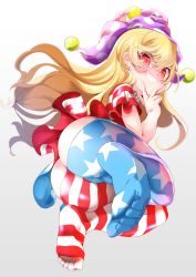 Rule 34 | 1girl, american flag dress, ass, blonde hair, blush, butt crack, clothes pull, clownpiece, dress, feet, full body, gradient background, grey background, grin, hat, highres, jester cap, long hair, looking at viewer, looking back, no panties, no shoes, pantyhose, pantyhose pull, polka dot, purple hat, red eyes, short dress, short sleeves, smile, solo, star (symbol), star print, striped, touhou, wenu (kirikirimai)