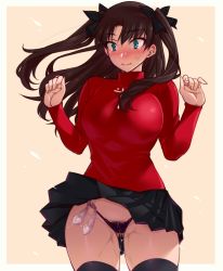 Rule 34 | 1girl, alternate breast size, black panties, black thighhighs, blush, condom, condom belt, fate/stay night, fate (series), female pubic hair, green eyes, hair ribbon, highres, namidame, panties, pubic hair, pussy juice, red sweater, ribbon, skirt, solo, standing, sweat, sweater, thighhighs, tohsaka rin, twintails, underwear, used condom