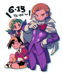 Rule 34 | 1girl, 2boys, adjusting bowtie, bow, bowtie, bright pupils, brown hair, capelet, closed mouth, commentary request, creatures (company), ethan (pokemon), eusine (pokemon), game freak, gloves, green hair, hand up, hat, highres, holding, jacket, kris (pokemon), long hair, multiple boys, nintendo, ok ko19, pants, pokemon, pokemon gsc, purple jacket, purple pants, red bow, red bowtie, shirt, shoes, short hair, shorts, sitting, smile, twintails