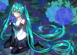 Rule 34 | 1girl, aqua eyes, aqua hair, aqua necktie, bad id, bad pixiv id, bare shoulders, black skirt, black sleeves, blush, commentary, detached sleeves, english commentary, flower, hair ornament, hatsune miku, holding, holding flower, hydrangea, kneeling, light blush, lily pad, long hair, looking at viewer, making-of available, minatovtuber, nail polish, necktie, parted lips, pond, shirt, shoulder tattoo, skirt, sleeveless, sleeveless shirt, solo, tattoo, thighhighs, twintails, very long hair, vocaloid, white shirt, wide shot