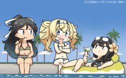 Rule 34 | 3girls, alternate costume, alternate hairstyle, bikini, black hair, blonde hair, blue eyes, blue hair, blue sky, braid, breasts, casual, cleavage, commentary request, covering breasts, covering privates, crying, dated, eating, embarrassed, eyewear on head, flower, flying sweatdrops, gambier bay (kancolle), glasses, gradient hair, hair between eyes, hair flower, hair ornament, hair ribbon, hairband, hamu koutarou, hibiscus, high ponytail, highres, innertube, kantai collection, katsuragi (kancolle), large breasts, lifebuoy, long hair, looking to the side, lying, martini, midriff, multicolored bikini, multicolored clothes, multicolored hair, multiple girls, on back, ooyodo (kancolle), open mouth, outdoors, palm tree, plaid, plaid bikini, ponytail, pool, ribbon, signature, single braid, sitting, sky, small breasts, stomach, swim ring, swimsuit, tree, twintails, very long hair, wading, wavy mouth