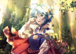 Rule 34 | 1girl, ahoge, blue eyes, blue hair, cape, crescent, crescent hair ornament, forest, hair ornament, highres, looking at viewer, miyama (lacrima01), nature, open mouth, pointy ears, red cape, rena lanford, short hair, smile, solo, star ocean, star ocean the second story, tree