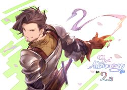 Rule 34 | 10s, 1boy, anniversary, armor, brown hair, cigarette, countdown, facial hair, from above, gloves, granblue fantasy, grin, highres, looking at viewer, looking back, male focus, minaba hideo, official art, rackam (granblue fantasy), short hair, smile, smoke, solo, stubble, sword, upper body, weapon