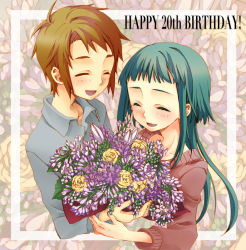 Rule 34 | 00s, 1boy, 1girl, blunt bangs, bouquet, brown hair, casual, closed eyes, flower, framed, hair down, happy, happy birthday, holding, laughing, lily (flower), long hair, long sleeves, my-hime, okuzaki akira, parted bangs, rose, sidelocks, smile, tada (pixiv2325397), tokiha takumi, yellow flower, yellow rose, zoom layer