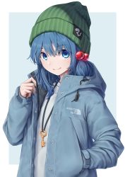 Rule 34 | 1girl, adapted costume, blue background, blue eyes, blue hair, blue jacket, border, brand name imitation, casual, commentary request, contemporary, copyright name, green hat, hair between eyes, hair bobbles, hair ornament, hand in pocket, hand up, hat, highres, hood, hooded jacket, jacket, kawashiro nitori, key, knit hat, long hair, long sleeves, looking at viewer, mountain of faith, open clothes, open jacket, outside border, shirt, simple background, smile, solo, the north face, torinari (dtvisu), touhou, two side up, upper body, white border, white shirt