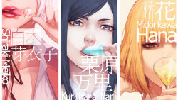 Rule 34 | 10s, 3girls, black hair, blonde hair, blue eyes, brown eyes, candy, character name, choker, close-up, cup, drinking glass, food, heart, heart-shaped pupils, highres, kurihara mari (prison school), light smile, lips, lipstick, lollipop, long hair, looking at viewer, makeup, midorikawa hana, mouth focus, multiple girls, nose, popsicle, prison school, red background, shiraki meiko, short hair, silver hair, simple background, solo, symbol-shaped pupils, tongue, tongue out, vocky, wine glass