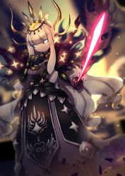 Rule 34 | 1girl, absurdres, black dress, blue eyes, colored skin, crown, dress, drill hair, energy sword, feet out of frame, hand up, highres, holding, holding sword, holding weapon, horns, kanera matitia (okame nin), long dress, long hair, looking at viewer, no mouth, okame nin, original, rapier, solo, standing, sword, very long hair, weapon, white hair, white skin