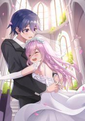 Rule 34 | 1boy, 1girl, alternate costume, amco, bare shoulders, black suit, blazer, blue hair, blush, braid, bridal gauntlets, bridal veil, church, closed eyes, commentary request, commission, date a live, dress, facing viewer, father and daughter, formal, from side, happy, height difference, highres, hug, indoors, itsuka shidou, jacket, long hair, looking at another, open mouth, pink hair, pixiv commission, purple eyes, shirt, sleeveless, sleeveless dress, smile, sonogami rio, suit, teeth, upper teeth only, veil, very long hair, wedding, wedding dress, white dress, white shirt