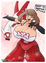 Rule 34 | 1girl, blue eyes, breasts, brown hair, cleavage, creatures (company), dress, english text, game freak, huge breasts, may (anniversary 2022) (pokemon), may (pokemon), nintendo, official alternate costume, one eye closed, open mouth, pokemon, pokemon (creature), pokemon masters ex, red dress, silenttandem, wings