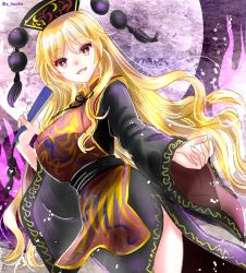 Rule 34 | 1girl, blonde hair, breasts, chinese clothes, crescent, hajike akira, highres, junko (touhou), large breasts, long hair, one-hour drawing challenge, open mouth, phoenix crown, red eyes, red tabard, smile, solo, tabard, touhou, very long hair