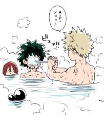 Rule 34 | 4boys, bakugou katsuki, bath, bathing, blonde hair, boku no hero academia, closed eyes, closed mouth, collarbone, commentary request, green hair, highres, in the face, kirishima eijirou, looking at another, male focus, midoriya izuku, mineta minoru, mocomocopicopi, multiple boys, own hands clasped, own hands together, partially submerged, partially translated, red hair, short hair, simple background, speech bubble, spiked hair, splashing, steam, translation request, water, white background
