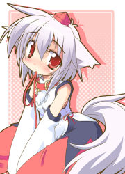 Rule 34 | 1girl, animal ears, bad id, bad pixiv id, bare shoulders, blush, collar, detached sleeves, female focus, hat, inubashiri momiji, leash, mouth hold, red eyes, short hair, silver hair, simple background, solo, suzukishi, tail, tokin hat, touhou, wolf ears, wolf tail