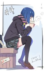 Rule 34 | 10s, 1girl, alternate costume, black thighhighs, blue hair, bob cut, closed eyes, coffee, cup, darling in the franxx, dated, disposable cup, drinking, hood, hoodie, ichigo (darling in the franxx), loafers, outside border, profile, scarf, shoes, short hair, sitting, skirt, steam, striped clothes, striped scarf, thighhighs, werkbau, zettai ryouiki