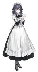Rule 34 | 1girl, apron, black dress, black footwear, choker, closed mouth, collared dress, dress, frilled apron, frills, full body, grey legwear, highres, idolmaster, idolmaster shiny colors, interlocked fingers, long dress, long hair, long sleeves, looking at viewer, maid, maid apron, maid headdress, morino rinze, nashiamengo, own hands together, purple hair, red eyes, simple background, solo, white apron, white background