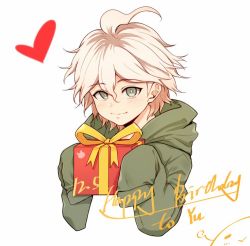 Rule 34 | 1boy, bad id, bad twitter id, blush, box, closed mouth, cropped torso, danganronpa (series), danganronpa 2: goodbye despair, dated, gift, green jacket, grey eyes, hands up, happy birthday, heart, holding, holding gift, hood, hood down, hooded jacket, hoodie, jacket, komaeda nagito, long sleeves, looking at viewer, male focus, meipoi, messy hair, simple background, sleeves past fingers, sleeves past wrists, smile, solo, upper body, white background