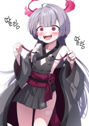 Rule 34 | 1girl, absurdres, bags under eyes, bandaged arm, bandaged hand, bandaged leg, bandages, bare shoulders, bell, black kimono, black nails, blue archive, blush, cleavage cutout, clothing cutout, commentary request, constricted pupils, fangs, flat chest, golmonggu, grey hair, halo, highres, japanese clothes, jingle bell, kimono, korean commentary, korean text, long hair, nail polish, nervous sweating, obi, obijime, open mouth, pleated skirt, ribs, sash, short kimono, shuro (blue archive), skinny, skirt, smile, solo, standing, sweat, thigh gap, translation request, very long hair