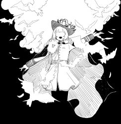Rule 34 | 1girl, aiguillette, belt, bird, blending, cape, charlie (reverse:1999), chinese commentary, cloud, commentary request, falling feathers, feathers, greyscale, hat feather, highres, jacket, long hair, long sleeves, monochrome, no eyes, open mouth, outstretched arms, reverse:1999, same (uminiiru1000s), solo