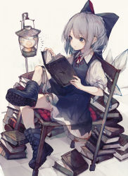 Rule 34 | 1girl, absurdres, ankle boots, blue dress, blue eyes, blue footwear, blue hair, book, book stack, boots, bow, chair, cirno, combat boots, cross-laced footwear, dress, grey footwear, hair bow, highres, hito komoru, holding, holding book, huge filesize, ice, ice wings, lace-up boots, lantern, puffy short sleeves, puffy sleeves, reading, shoe soles, short hair, short sleeves, solo, touhou, wings
