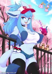 Rule 34 | 1girl, :3, against railing, animal ears, animal nose, artist name, bare shoulders, baseball cap, bird, black choker, black thighhighs, blue eyes, blue fur, blue hair, blue shorts, blue sky, blush, body fur, breasts, cherry blossoms, choker, cleavage, cloud, collarbone, cosplay, cowboy shot, creatures (company), crop top, cup, day, denim, denim shorts, disposable cup, drink, drinking straw, ears through headwear, english text, fangs, female focus, furry, furry female, game freak, gen 1 pokemon, gen 2 pokemon, gen 4 pokemon, glaceon, hand up, happy, hat, highres, hilda (pokemon), hilda (pokemon) (cosplay), holding, holding cup, holding drink, hoppip, light blush, long hair, looking at viewer, matching hair/eyes, medium breasts, micro shorts, midriff, multicolored hair, navel, nintendo, open mouth, outdoors, personification, petals, pidgey, poke ball, poke ball (basic), poke ball symbol, pokemon, pokemon (creature), pokemon bw, ponytail, railing, red headwear, shirt, shorts, sidelocks, skin fangs, skindentation, sky, sleeveless, sleeveless shirt, slushie, smile, solo focus, standing, stomach, tail, teranen, thick thighs, thighhighs, thighs, tongue, tree, twitter username, two-tone fur, two-tone hair, watermark, white shirt