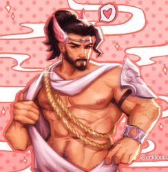 Rule 34 | 1boy, abs, asian, bara, bare pectorals, beard, brown hair, ceridonia, cupid hanzo, dark-skinned male, dark skin, facial hair, flower tattoo, full beard, greco-roman clothes, hanzo (overwatch), highres, large pectorals, magical boy, male focus, mature male, muscular, muscular male, navel hair, nipples, official alternate costume, overwatch, overwatch 2, pectorals, pink wings, seductive smile, short hair, smile, solo, tattoo, thick eyebrows, tiara, undressing, upper body, valentine, wings