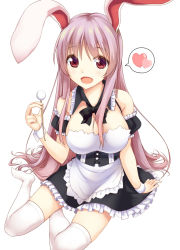 Rule 34 | 1girl, :d, alternate costume, animal ears, apron, arm at side, arm garter, arm support, bad id, bad pixiv id, bare shoulders, black bow, black bowtie, blush, bow, bowtie, breasts, cleavage, collar, detached sleeves, enmaided, fingernails, frilled apron, frilled collar, frilled skirt, frilled sleeves, frills, hair over eyes, hand up, heart, hisae (hisae collect), holding, large breasts, light purple hair, long fingernails, long hair, maid, maid apron, mimikaki, open mouth, puffy sleeves, purple hair, rabbit ears, red eyes, reisen udongein inaba, simple background, sitting, skirt, smile, solo, speech bubble, spoken heart, thighhighs, touhou, underbust, very long hair, waist apron, white background, white thighhighs, wrist cuffs, yokozuwari