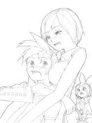 Rule 34 | 1boy, 2girls, akinbo (hyouka fuyou), blush, breast press, breasts, covered erect nipples, detached sleeves, greyscale, hair ribbon, headset, hug, kagamine len, kagamine rin, large breasts, meiko (vocaloid), monochrome, multiple girls, nipples, open mouth, ribbon, shorts, sweatdrop, tears, vocaloid