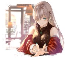 Rule 34 | 1girl, anastasia (fate), backlighting, bare shoulders, black sweater, blue eyes, blush, breasts, fate/grand order, fate (series), hair ornament, hair over one eye, highres, jacket, jewelry, large breasts, long hair, long sleeves, looking at viewer, off shoulder, open clothes, open jacket, pendant, red jacket, silver hair, sleeveless, sleeveless turtleneck, smile, solo, sweater, turtleneck, x hair ornament, yatsuka (846)