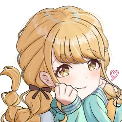 Rule 34 | 1girl, blonde hair, blush, braid, clenched hands, commentary request, fujita kotone, gakuen idolmaster, hair ribbon, hands on own cheeks, hands on own face, heart, idolmaster, jacket, long hair, long sleeves, looking at viewer, ribbon, simple background, smile, solo, tsubatyissimo2, twin braids, upper body, white background, yellow eyes