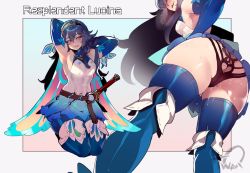 Rule 34 | 1girl, adapted costume, ass, bare shoulders, blue eyes, blue hair, blush, boots, breasts, butterfly wings, cameltoe, cape, come hither, elbow gloves, english text, fire emblem, fire emblem awakening, fire emblem heroes, from behind, from below, gloves, hair between eyes, highres, huge ass, insect wings, kneeling, long hair, looking at viewer, lucina (fire emblem), miniskirt, nintendo, nyantcha, official alternate costume, open mouth, panties, shiny clothes, shiny skin, sideboob, simple background, skirt, small breasts, smile, solo, thigh boots, thighhighs, thighs, underwear, upskirt, very long hair, wings
