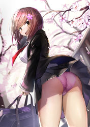 Rule 34 | 1girl, :d, absurdres, arm support, ass, bag, black jacket, black skirt, blazer, breasts, brown hair, cherry blossoms, commentary request, day, dutch angle, flower, from behind, hair flower, hair ornament, highres, holding, holding bag, huge filesize, jacket, long sleeves, looking at viewer, looking back, medium breasts, miniskirt, necktie, open clothes, open jacket, open mouth, original, outdoors, panties, petals, pink panties, pleated skirt, red necktie, school uniform, short hair, skirt, sleeves past wrists, smile, solo, thighs, trefoil, tsuseki, underwear, yellow eyes