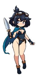 Rule 34 | 1girl, black hair, blue cape, blue eyes, boots, breasts, cape, commentary, english commentary, fingerless gloves, full body, gloves, goggles, goggles on head, groin, highleg, highleg leotard, highres, holding, holding knife, ink (inksgirls), knife, leotard, medium breasts, original, pouch, short ponytail, solo, strapless, strapless leotard, torn cape, torn clothes
