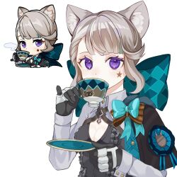 Rule 34 | 1girl, absurdres, animal ear fluff, animal ears, aqua bow, black capelet, black gloves, bow, breasts, capelet, cat ears, chibi, cleavage, commentary request, drinking, facial mark, genshin impact, gloves, grey hair, highres, long sleeves, looking at viewer, lynette (genshin impact), multiple views, pinky out, purple eyes, short hair, shrug (clothing), simple background, small breasts, star (symbol), upper body, wafuu tsunamayo, white background